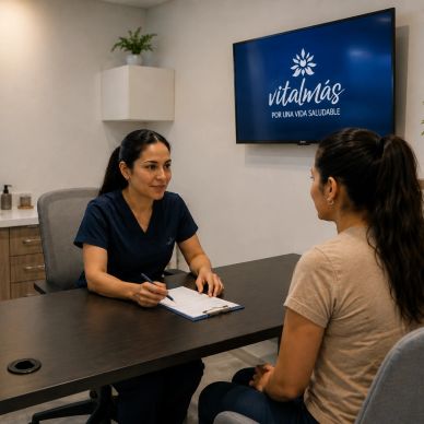 A healthcare professional consulting a patient in a modern clinic room.
