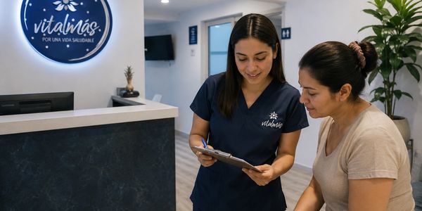 Healthcare professional assisting a patient at a clinic reception.