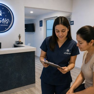 Healthcare professional discussing information with a patient in a clinic.
