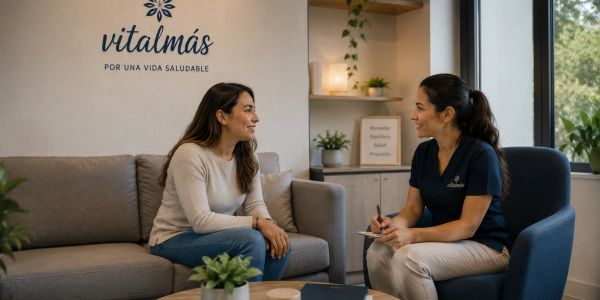 Two women having a friendly consultation in a cozy wellness office.