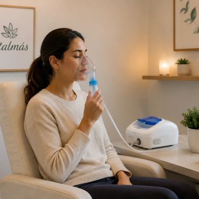 A woman uses a nebulizer for respiratory treatment at home.