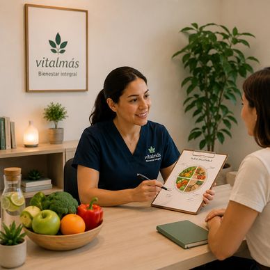 Nutritionist consulting a client about a balanced diet plan.