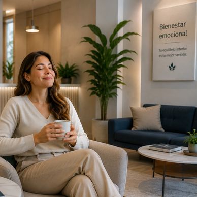 Woman enjoying a peaceful moment with a cup of coffee in a cozy living room.