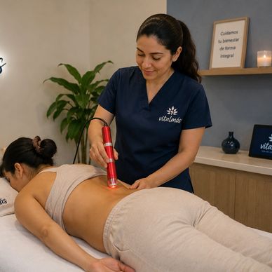 Therapist using a laser device on a patient's back in a wellness clinic.