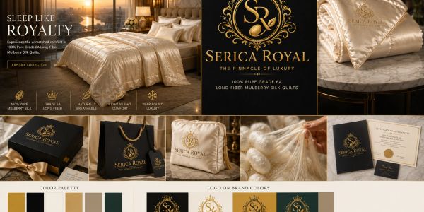 Luxury bedding and brand packaging for Serica Royal's 100% pure grade A silk quilts.