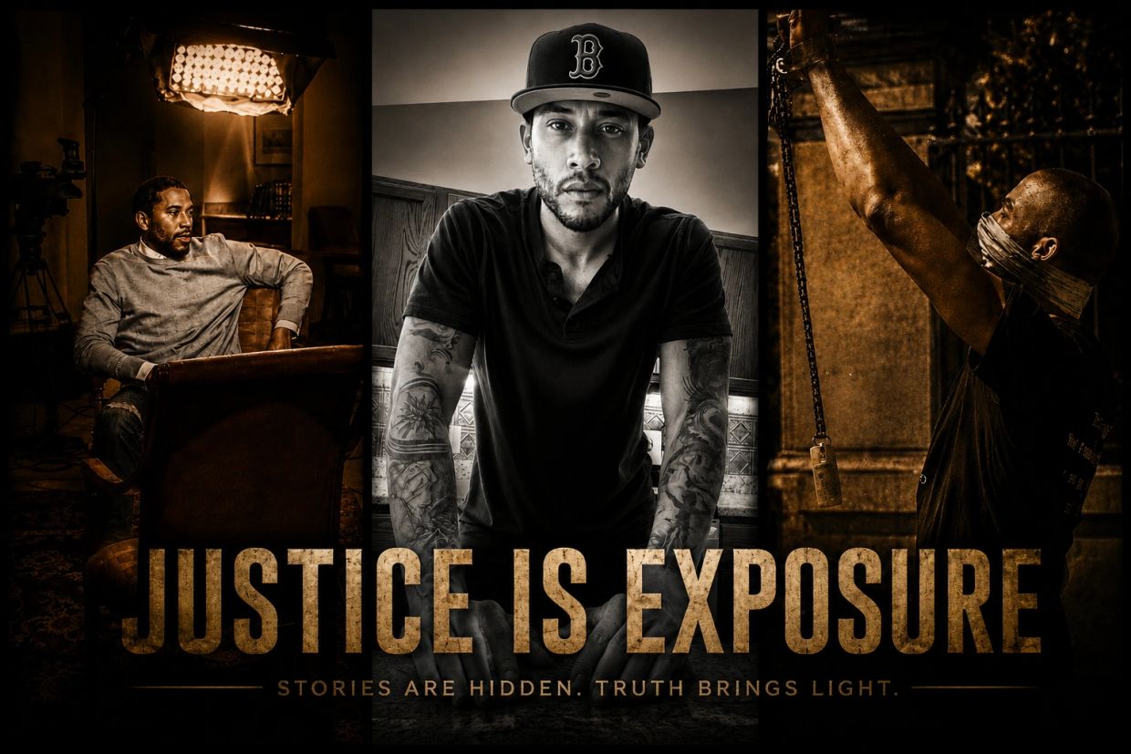 Poster of Justice Is Exposure documentary with three dramatic images of a man and bold title.