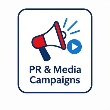PR and Media Campaigns icon showing a red and blue megaphone with broadcast waves, representing Redw