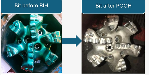 PDC Bit before and after drilling, the effect of using RockRipper on enhancing bit life.