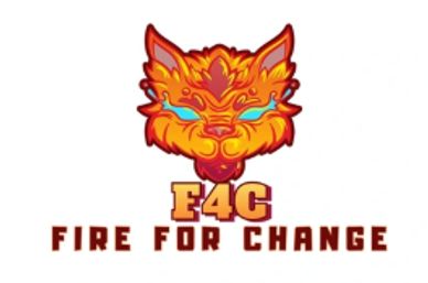 A fiery orange cat logo with glowing blue eyes and text Fire For Change.