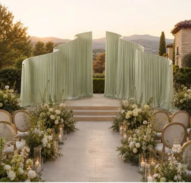 Elegant outdoor wedding aisle with green drapes and floral decor.
