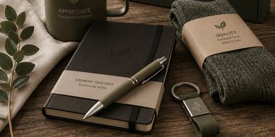 Elegant eco-friendly stationery and accessories on a wooden table.
