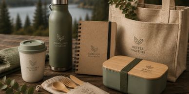 Eco-friendly lifestyle products with nature-inspired messages on a rustic wooden table.