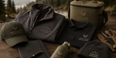 Outdoor-themed apparel and gear with motivational slogans on a wooden table.