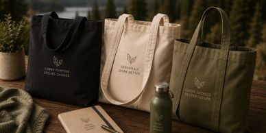 Eco-friendly bags and accessories with motivational environmental messages.