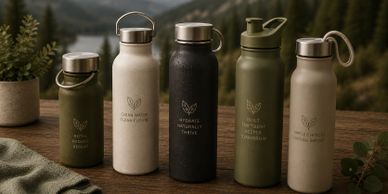 Eco-friendly water bottles with motivating environmental messages on a wooden table.
