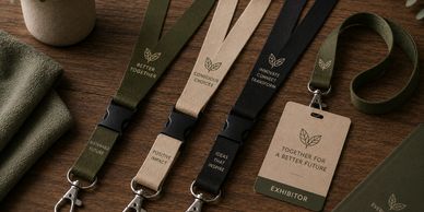 Eco-friendly lanyards and badge with motivational sustainability messages.