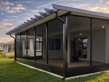 Modern screened patio with black framing and pergola-style roof.