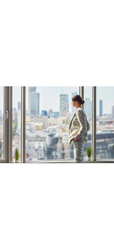 Businesswoman looking out of a large window at cityscape.