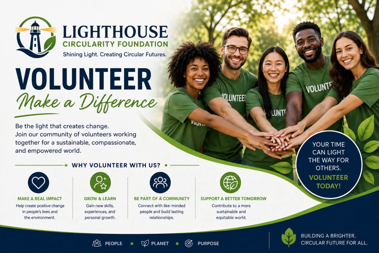 Group of diverse volunteers joining hands with a call to action to volunteer.