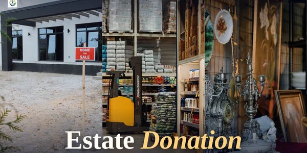 Collage showing a house, warehouse, and antiques for estate donation.