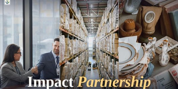 Collage showing business partnership, warehouse, and pottery.