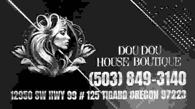 Elegant gold logo and contact info for Dou Dou House Boutique on dark background.