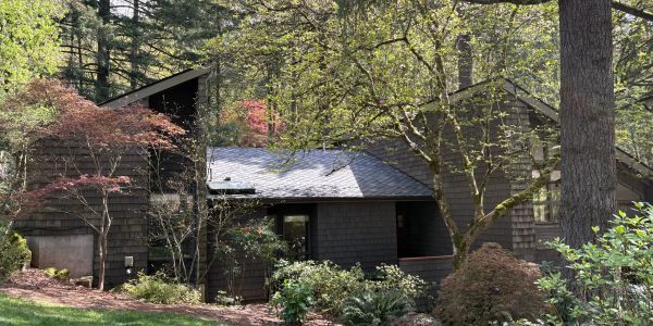 A shaded house surrounded by trees and shrubs.