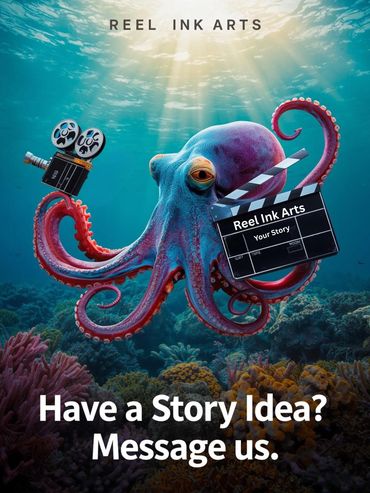 An octopus underwater holding a movie camera and clapperboard promoting Reel Ink Arts.