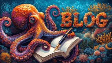 A vibrant octopus holding a pen over an open notebook underwater.