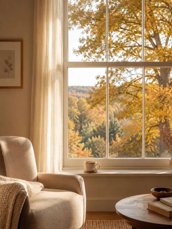 Bright, welcoming room with soft natural light, a comfortable chair, tea by the window, and golden a