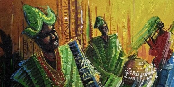 Colorful painting of musicians in traditional Nigerian attire playing drums.