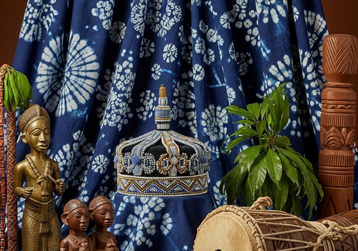 Traditional African artifacts including statues, a beaded crown, and a drum against a blue patterned fabric.