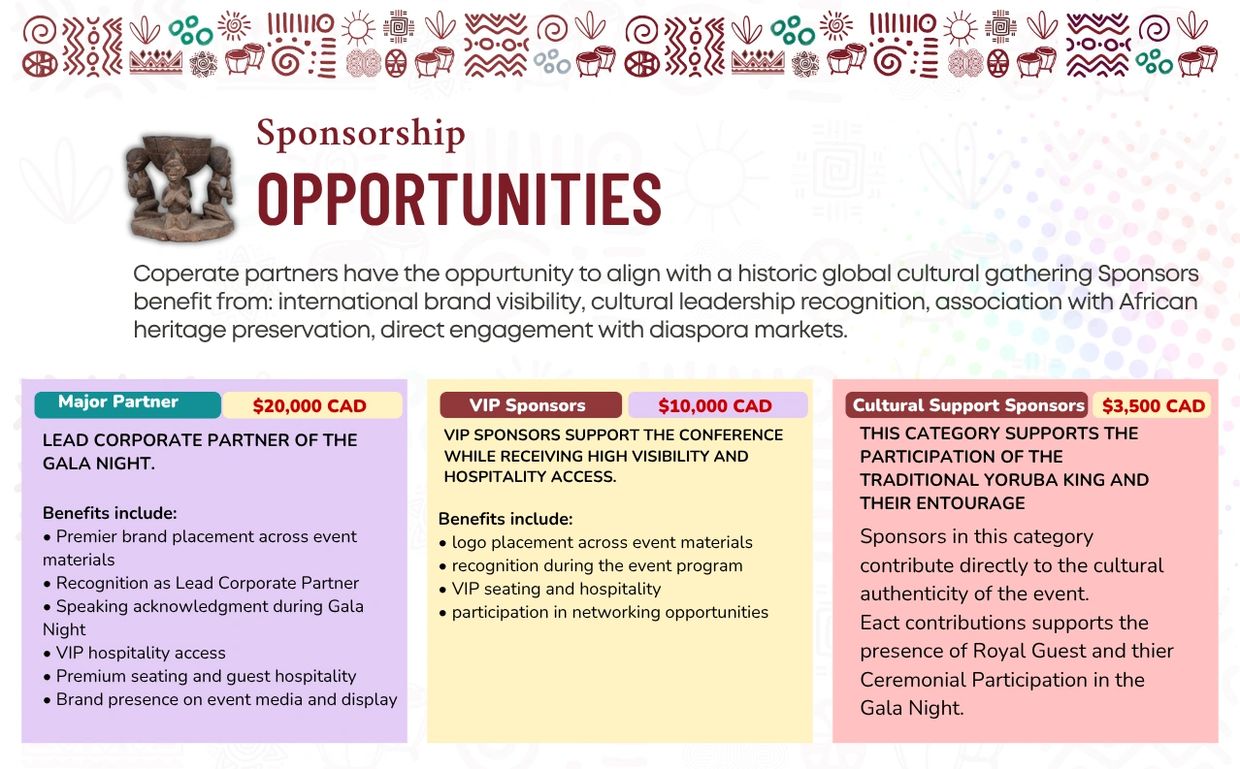 Sponsorship opportunities with benefits for major, VIP, and cultural support sponsors at a historic global cultural event.