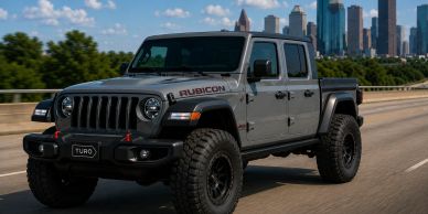 Gray Jeep Gladiator Rubicon driving on a city highway with skyscrapers in the background.