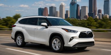 White Toyota SUV driving on city road with skyline in background.