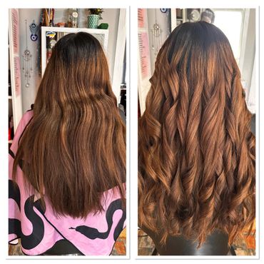 Before and after hair transformation with styled curls.