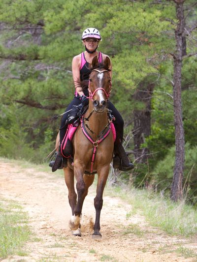 Woman riding a horse on a forest trail, wearing pink and black gear.