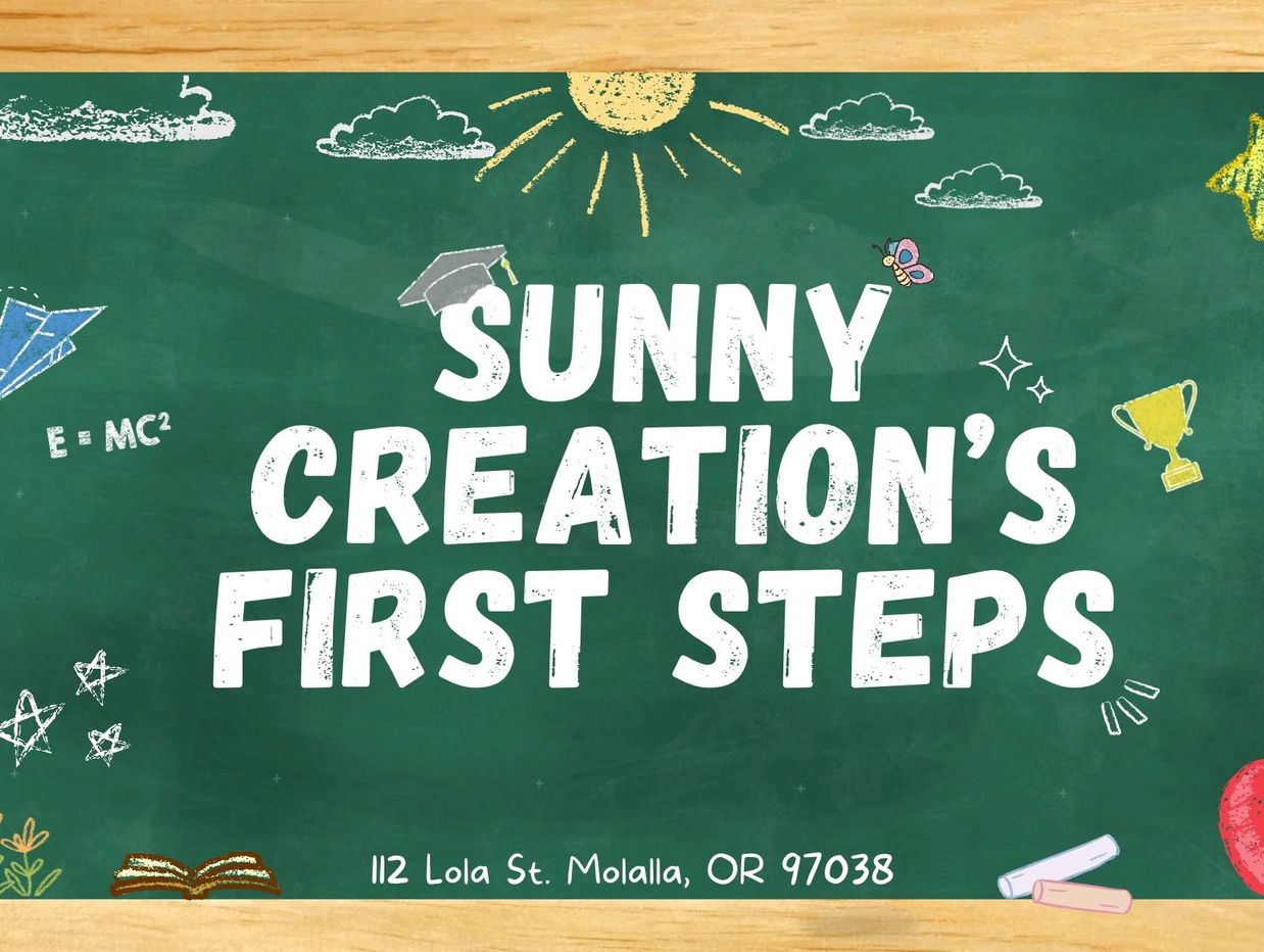 Chalkboard with 'Sunny Creation's First Steps' and address.