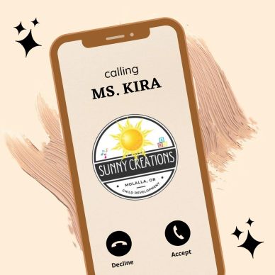 Phone screen showing an incoming call from Ms. Kira at Sunny Creations.