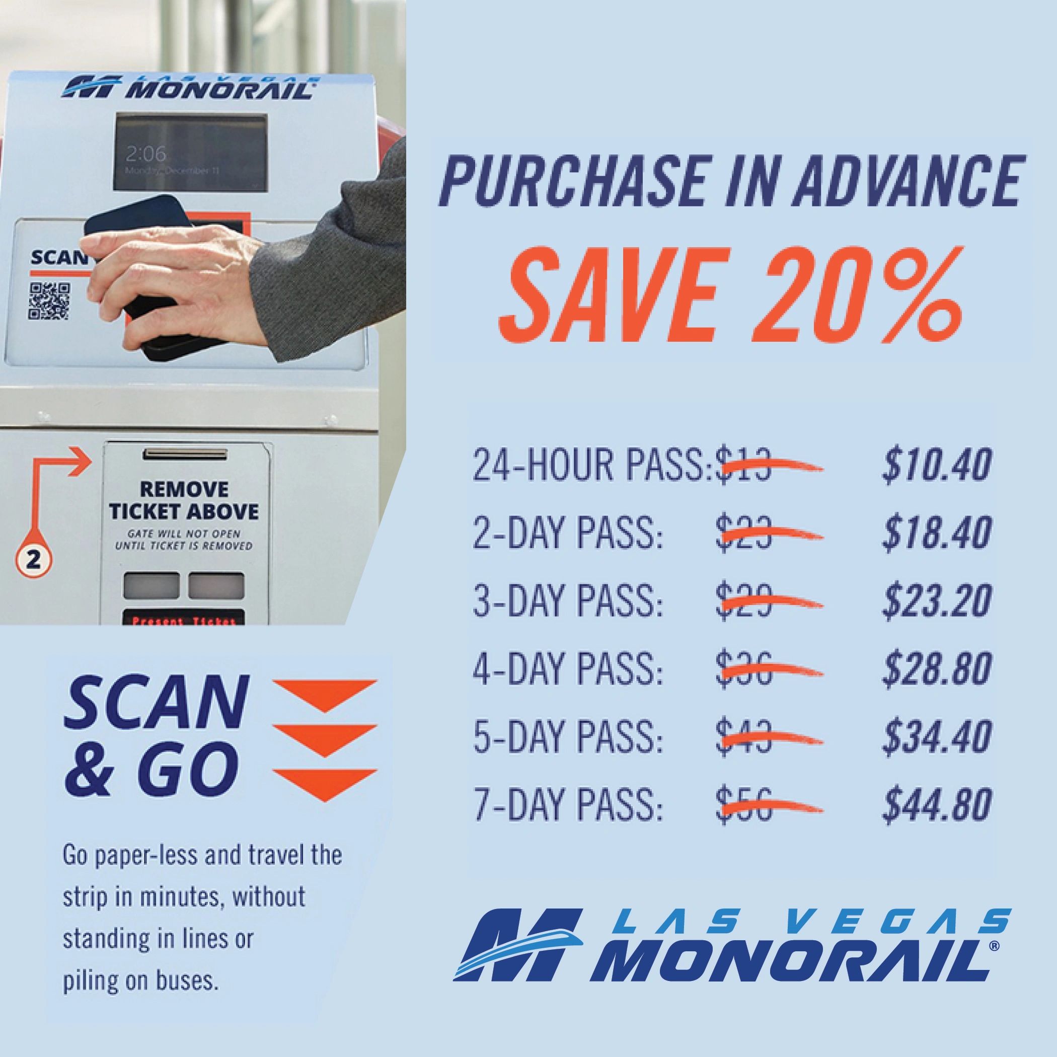 Monorail, Las Vegas, Save 20%, Tickets, Day Pass, Scan & Go, Paperless, Purchase Advance