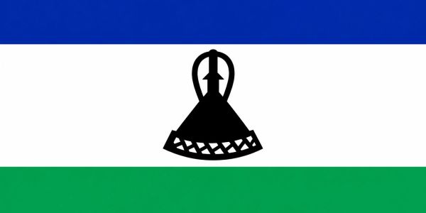 Flag of Lesotho with blue, white, green horizontal stripes and black Basotho hat.