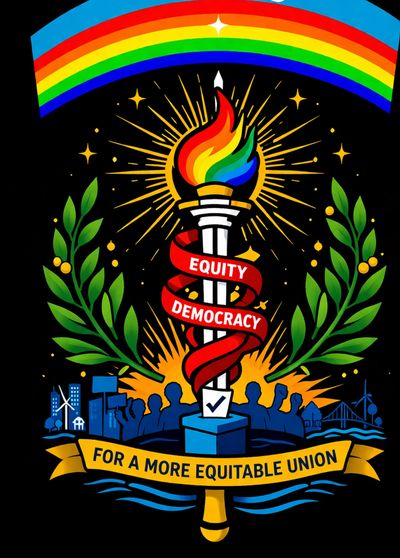 Torch with rainbow flame symbolizes equity and democracy for a more equitable union.