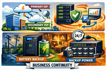 Illustration depicting business continuity with ISP redundancy, battery backup, and 24/7 power backup.