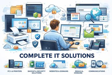 Illustration of diverse IT solutions including security, websites, emails, and communications.