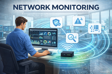 Man monitoring network data on computer with digital security and analytics icons.