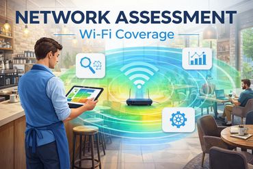 Man assessing Wi-Fi coverage in a cafe using a tablet.