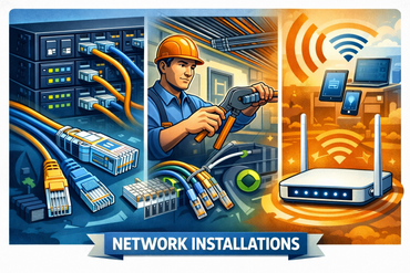 Illustration of network installations including cables, a technician, and a wireless router.