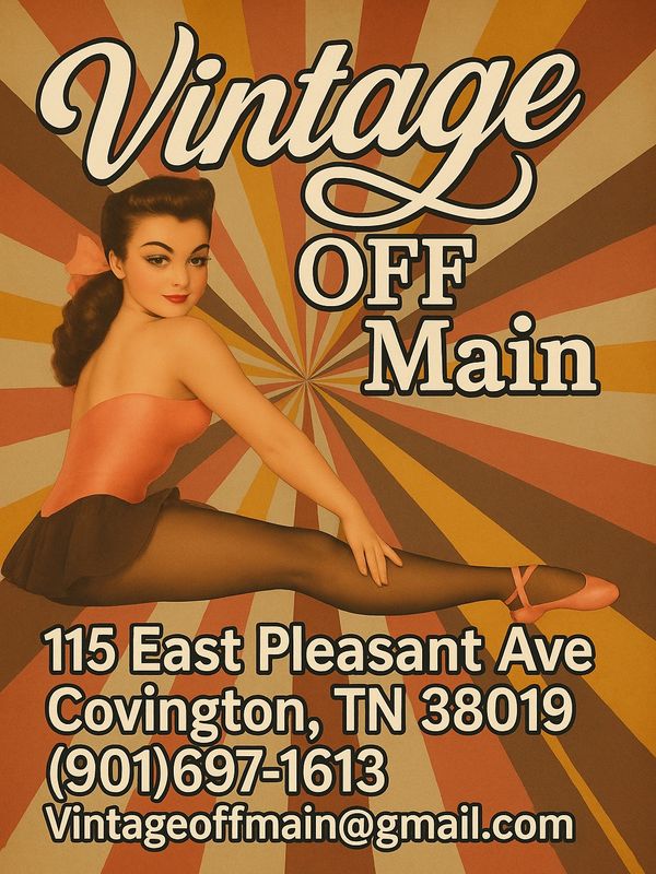 Vintage Off Main store advertisement with retro ballerina illustration and contact details.