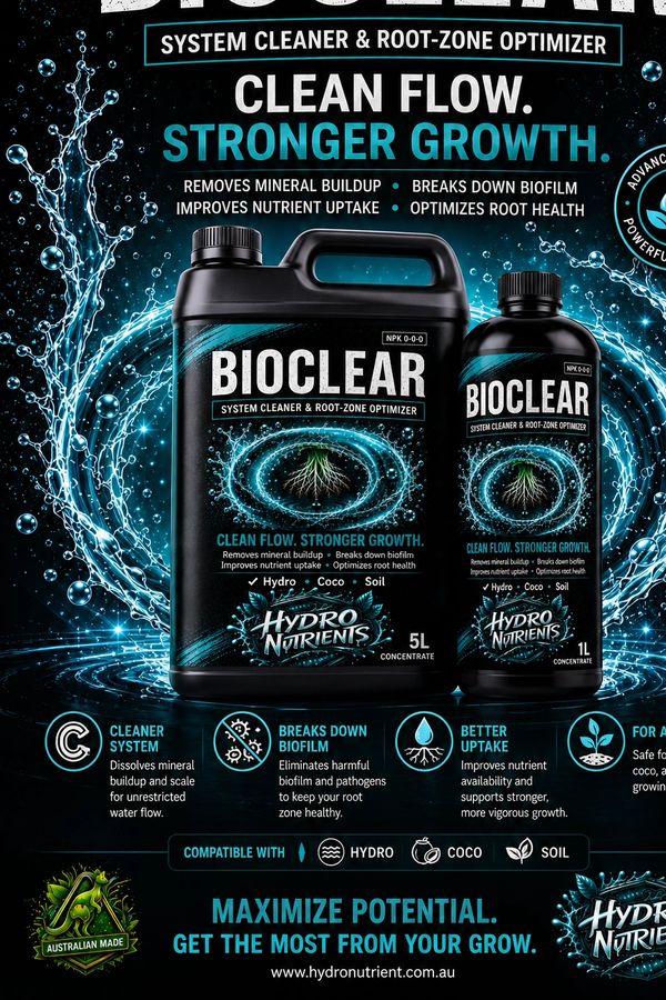 Bioclear system cleaner boosts root health and growth with advanced formula for hydro, coco, and soil.