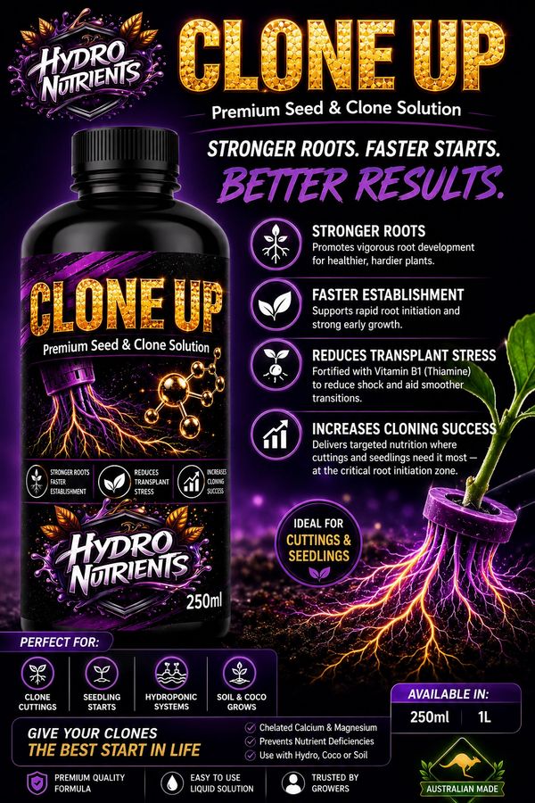 Hydro Nutrients Clone Up boosts root growth and cloning success for healthier plants.